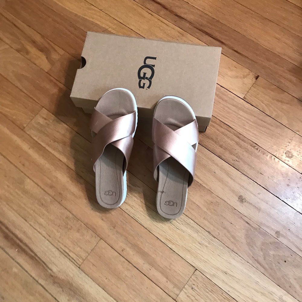Never worn UGG slides in original box. Size 9. Metallic color.